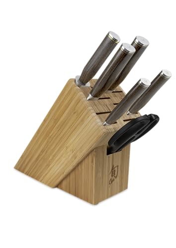 Shun Premier 7 Piece Essential Block Set, Includes 8" Chef, 4" Paring, 6.5" Utility, 9" Bread Knives & Herb Shears, Handcrafted Japanese Knife Set, Pakkawood Handles