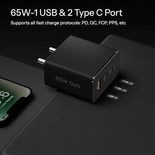 Image of AILKIN GaN Charger 65W 3 Port Fast Charger PD Charger 2 USB Type C + 1 USB Wall Charging Adapter Compatible with Nothing Phone 3a Plus 2a Plus 2 CMF Phone 1 Samsung Galaxy S25 S24 iPhone 16 15 | Black