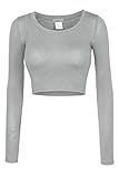 LE3NO Womens Fitted Long Sleeve Crop Top with Stretch, L3NWT1073_HEATHERGRAY, Large