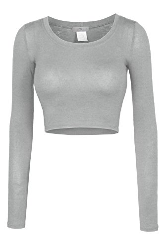 LE3NO Womens Fitted Long Sleeve Crop Top with Stretch, L3NWT1073_HEATHERGRAY, Large