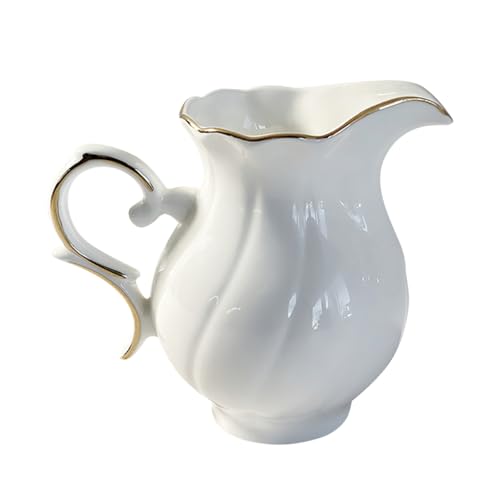 VINTORKY European Style Ceramic Milk Cup Sauce Holder Sauce Container Cold Water Dispenser Cream Pitcher with Handle Syrups for Drinks Milk Dispenser Pottery Creamer Milk Jar White Ceramics