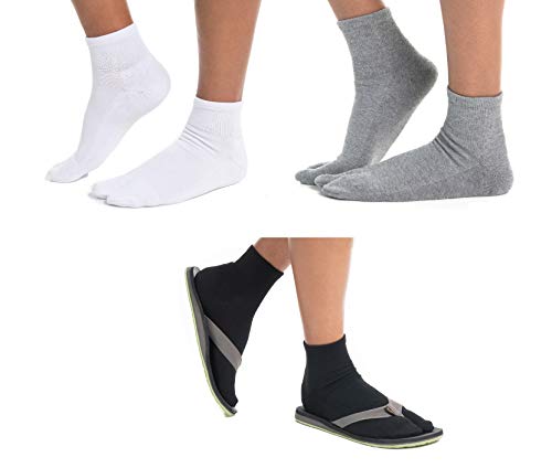 3 Pairs Thicker V-Toe Big Toe Flip-Flop Tabi Comfortable Warmer Socks For All Shoes, Flip Flops Sandals Boots (Black, White, Grey, Men:10-13 Women:11+)