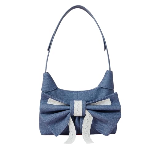 Bow Purse Lace Denim Bow Purse Jean Shoulder Bag with Zipper Lightweight Chic Trendy Gifts for Women