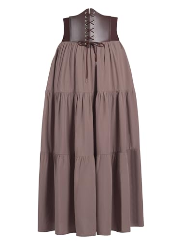 YESSA Womens Renaissance Flowy Fairy Skirt with Corset Belt High Waist Ren Faire Medieval Skirt with Pocket Pirate Costumes Outfit Cloud Grey Medium