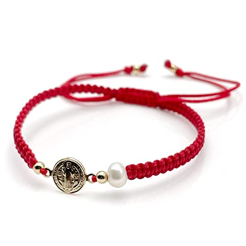 Divine Bracelet featuring St. Benedict Medal and Mother of Pearl Red Nylon Woven Adjustable fit for Women3
