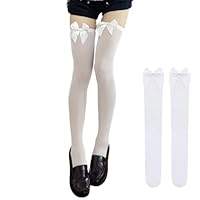 Kniestrümpfe Damen Weiß Paar, Bow Overknees Strümpfe Damen Weiß, Lolita Undurchsichtig Overknee Socks, Hohe Socken damen, Sexy Thigh High Socks Weiße Kniestrümpfe Schleifenstrümpfe Strümpfen