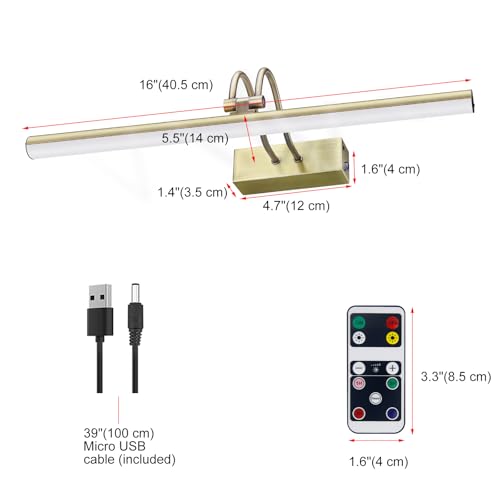 Image of Picture Light,5000mAh Battery Wall Sconce,16inch Art Light,Antique Brass | 2 Colors Photo Lights Rechargeable,Remote Timer and Dimmer Gallery Light,Metal Painting Light for Portrait Display Frame