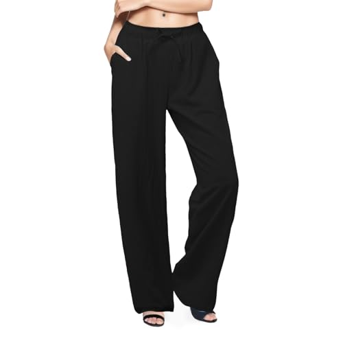 Linen Pants Women Wide Leg Pants Casual Lightweight Lounge Drawstring Elastic Waist with Pockets3