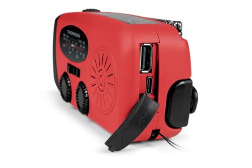 Radio FM Solaire Portable RT260,eclairage LED, Bouton SOS Alarme,Dynamo pour Recharge Manuelle, Recharge USB Batterie 2000 mAh, Charge d'appoint Smartphone (Rouge)