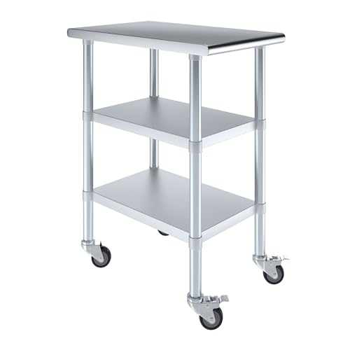 Image of AmGood Stainless Steel Work Table with 2 Shelves and Casters | Metal Utility Table On Wheels (Stainless Steel Work Table with 2 Shelves + Casters, 18 inch Long x 30 inch Deep)