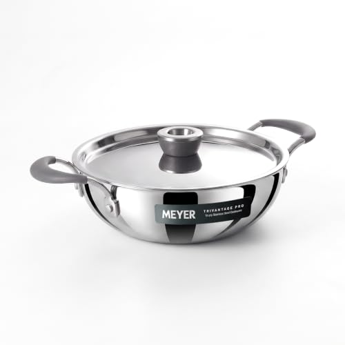 Image of Meyer Trivantage Pro Stainless Steel Triply Kadai | Steel Kadhai with Lid | Stainless Steel Cookware with Induction Base | 20cm /1.8L