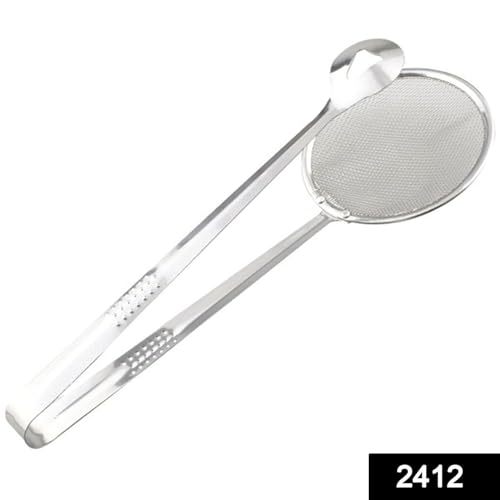 Image of Multi-Functional Frying Tong 2 in 1 Fry Tool Filter Spoon Frying Strainer with Clip, Oil Frying BBQ Filter Stainless Steel Filter Spoon and Clip [ Pack of 1 ]