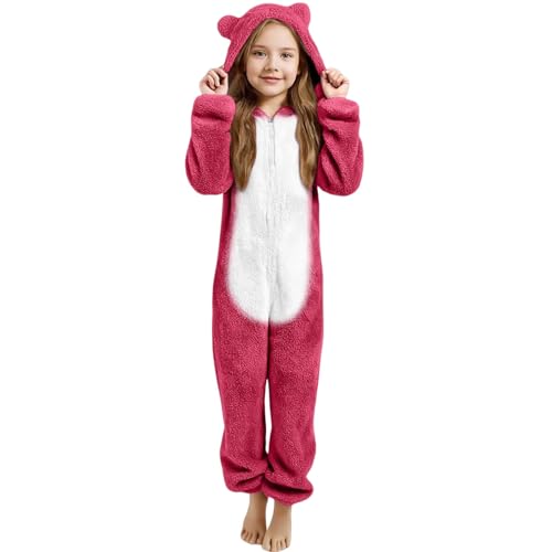 Genérico Pijama de Una Pieza para Niñas, Mono de Polar Invierno Monos Manga Larga Sleepsuits con Capucha y Cremallera Ropa Polar para Niñas 3-12 Años (Watermelon Red, 9-10 Years)