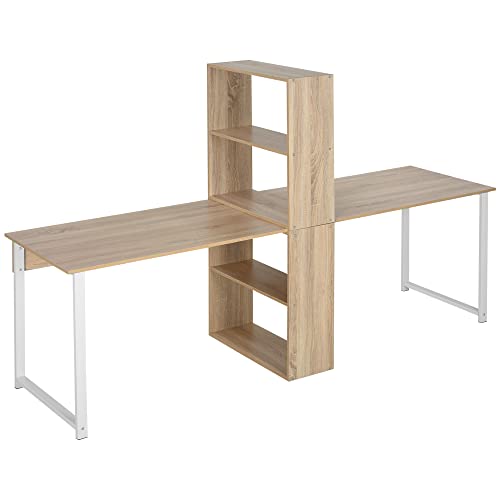 HOMCOM 88\" Extra Long 2-Person Computer Desk with Storage Shelves Combo, Double Workstation Storage Study Writing Table for Home Office, Bookshelf, Natural Wood Color