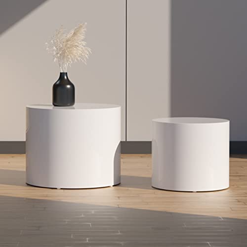 kevinplus Small White Coffee Table Nesting End Table Set of 2 for Living Room, Wood Side Table Round...