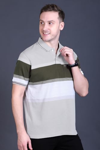 Image of GODFREY Striped Tshirt Shirts Men Cotton Polo T Shirt for Man with Pocket - Regular Fit Half Sleeve Collar T Shirts for Men