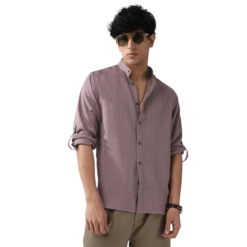 Image of Urbano Fashion Men's Linen Blend Full Sleeve Relaxed Fit Mandarin Collar Casual Solid Shirt