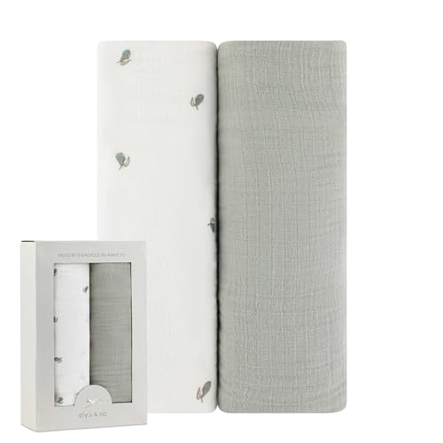 Image of Ely's & Co. Muslin Swaddle Blanket 2-Pack — 100% Cotton Muslin Extra-Large Swaddle Blankets (47” x 47”) Solid + Printed (Sage Pear)