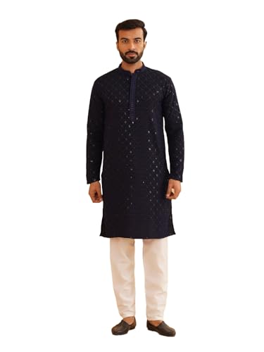 Image of SOJANYA (Since 1958 Men's Cotton Gold Embroidered Sequinned Kurta With white churidar Pyjama