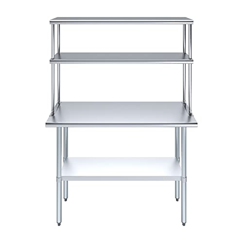 Image of AmGood Stainless Steel Work Table with 12 inch Wide Double Tier Overshelf | Metal Kitchen Prep Table & Shelving Combo | NSF (Stainless Steel Table with Double Overshelves, 48 inch Long x 18 inch Deep)