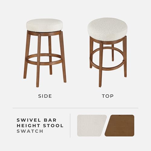 Butaco giratorio de altura de barra Lexicon estilo mid-century, asiento tapizado en bouclé blanco y estructura de madera maciza, sin respaldo, giro de 360 grados para isla de cocina y barra doméstica, color marrón miniatura 4