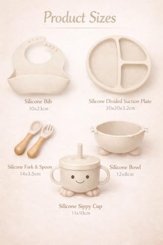 Image of SJC Global Silicone Baby Feeding Set Beige - 6 PCS Plate, Bowl, Spoon, Fork, Bib & Cup | Food‑Grade Silicone Tableware for Babies & Toddlers