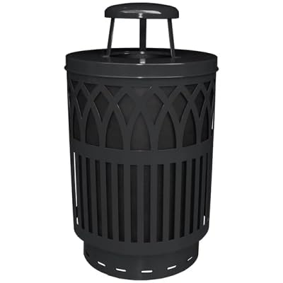 Cottington Round 40 Gallon Commercial Trash Can | Steel Outdoor Industrial Trash Can with Rain Cap | Great for Outdoor Public Spaces - Black
