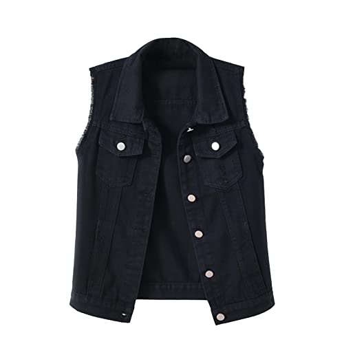 XUNRYAN Teen Girls Denim Vest Jackets Sleeveless Shacket Casual Button Slim Fit Raw Hem Jean Coat Outerwear Spring Clothes