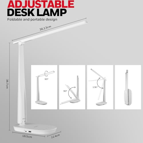Honeywell LED Desk Lamp - HWT-H2 Sunturalux™ Eye-Caring Foldable Desk Light with USB A+C Dual Charging Port 4 Color Modes Dimmable Table Lamp for Home Office Bedroom Reading Study Work - White