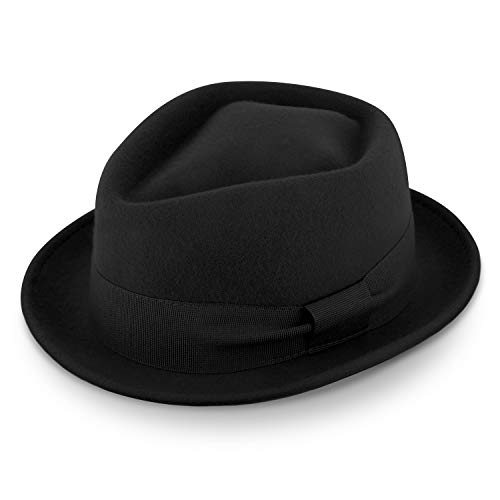 fiebig Medlock Porkpie Diamond | Chapeau en Feutre 100% Laine avec Ruban Grosgrain | Pork-Pie Confortable et léger fabriqué en Italie (61-XL, Noir)