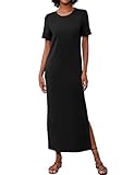 Casly Lamiit 2024 Casual Maxi Dress Crewneck Summer Long Dress Beach Vacation Slit Tshirt Dress Fashion for Tall Women Black M