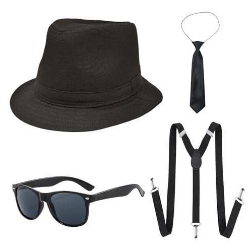 UILYNIU 4 peças costume de chef da máfia des Années 20, Accessoire 1920 Homme Chapeau Gangster Lunettes Élastique Bretelles Cravate, Chapeau Panamá Homme Gangster Tenue Halloween Déco