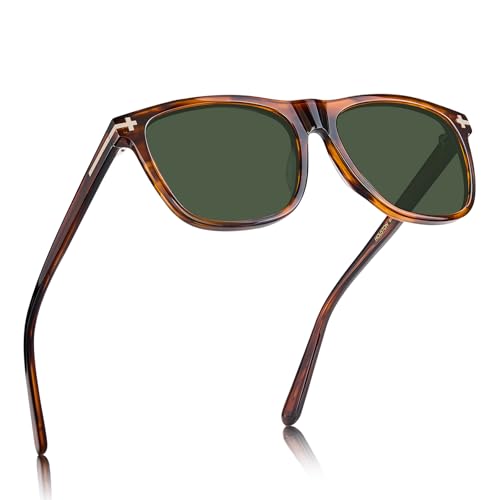 AVAWAY Green Lens Retro Square Polarized Sunglasses for Men UV400 Protection, Acetate Fashion Driving Eyewears Male Outdoor Sport Glasses, standard