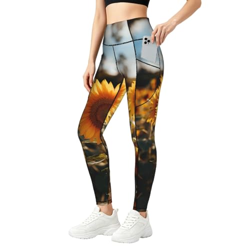 Leggings para correr con control de abdomen y bolsillos de girasoles