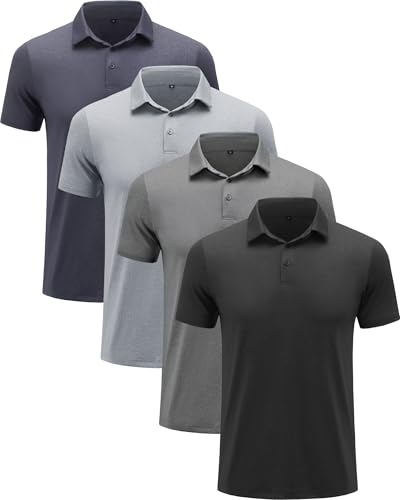 BALENNZ Men's Quick-Dry Athletic Polo Shirt 4 Pack - Moisture Wicking, Casual, Black/Grey/Navy, Large