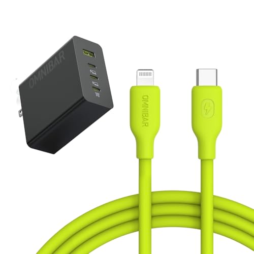 Image of 140W USB C Charger Block with USB C to Lightning Cable (6FT /Soft Silicone /Lime Green) for iPhone 14 /13 /12 /11, 4-Port GaN Laptop Fast Charger Power Adapter for MacBook iPhone 17 /16 /15 Samsung S25 /S24
