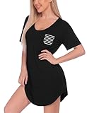 Bresdk Nachthemd Damen Baumwolle Schlafshirt Kurzarm Sommer Nachtkleid Rundhals Sleepshirt Leicht Atmungsaktiv Schlafkleid Schwarz L