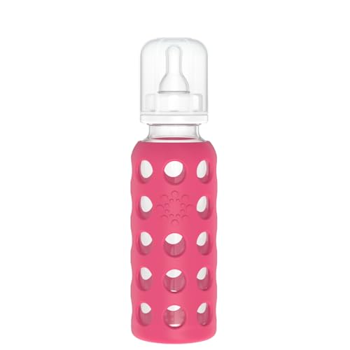 Lifefactory 9-Ounce Glass Baby Bottle with Stage 2 Nipple and Protective Silicone Sleeve Raspberry