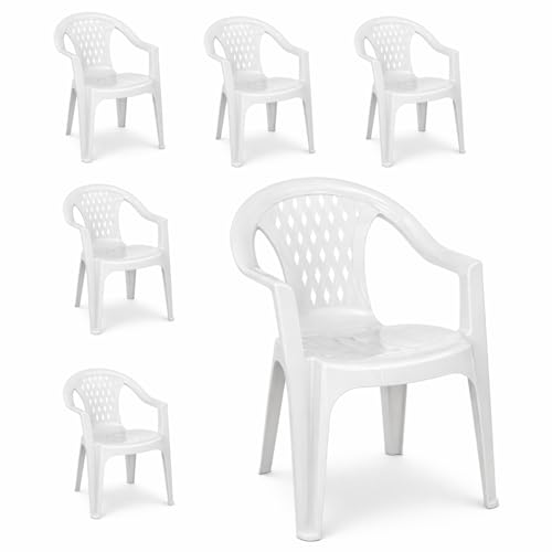 VIRSUS Set 6 Sedie da Giardino in Polipropilene di colore BIANCO, misura 57x61,5x79 cm, Sedia Impilabile, Schienale Basso con Rombi e Braccioli per Esterno ed Interno, Made in Italy -LYR508F