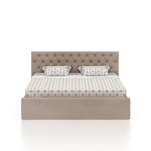 Image of Ganpati Arts Solid Sheesham Wood Upholstered King Size Bed with Box Storage and Tufted Headboard | Durable Wooden Double Bed Cot Palang for Bedroom, Hotels and Home Furniture (Beige-1 Year Warranty)