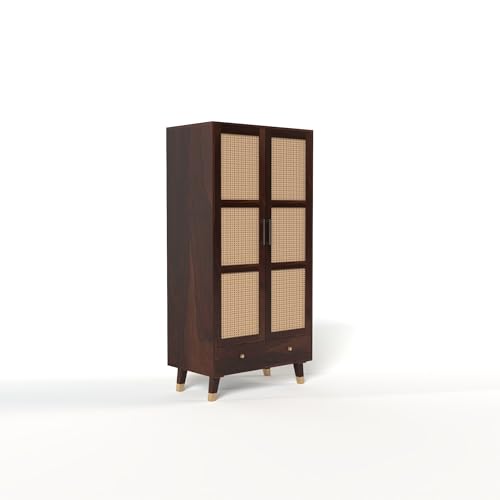Image of Solid Sheesham Wood 2 Door Wardrobe with Rattan Cane Work & 3 Drawer | Rosewood Almirah for Bedroom Storage (Walnut Finish)