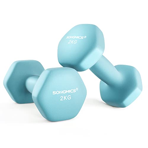 SONGMICS Hanteln, 2er Set, 2 x 2 kg, Hantelset, Kurzhanteln, Hexagon, Neopren-Beschichtung, Krafttraining, Workout, Fitnesstraining, für Zuhause, hellblau SYL904Q01