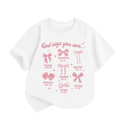 KEEVICI Cute Girls Bow God Shirt Christian Graphic Tees Jesus Shirts for Kids Bible Verse Inspirational Religious T Shirts