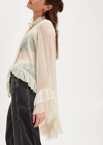 Seyumixi Women Long Bell Sleeve Frill Top See Through Sheer Mesh Blouse High Low Hem Ruffled Sexy Flowy Tops Shawl Shirt3