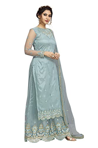 Image of TRENDMALLS Women's Net Embroidery Salwar Suit Kurta Sharara Set with Dupatta Skyblue