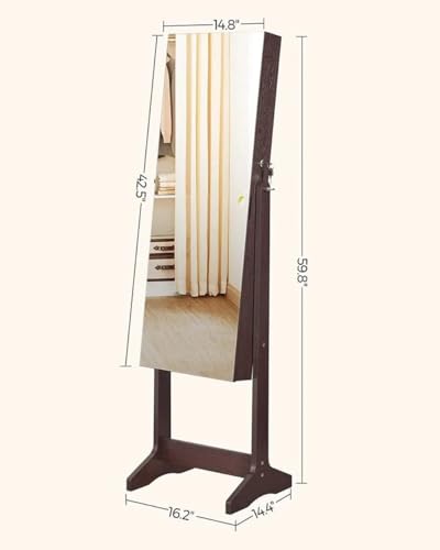 Image of SONGMICS Jewelry Cabinet Armoire, Freestanding Lockable Storage Organizer Unit with 2 Plastic Cosmetic Storage, Full-Length Frameless Mirror, for Necklace Earring, Brown UJJC002K01