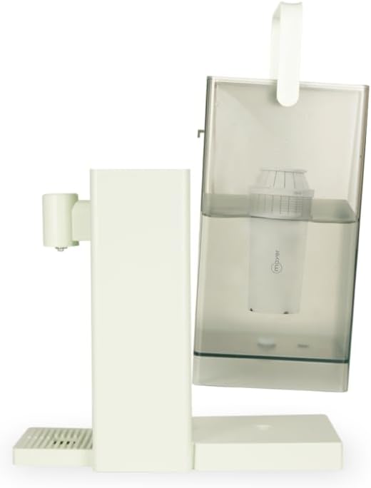 Mayer 3L Instant Heating Water Dispenser with water tank tilted, showing filter