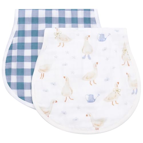 Image of LifeTree Muslin Baby Burp Cloths - 2 Pack 70% Viscose from Bamboo and 30% Cotton Large 22'' by 10.6'' Absorbent Milk Spit Up Rags - Burping Cloths for Newborn, Girls Boys, Duck & Blue Checkered