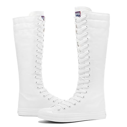 rismart Women's Canvas Sneakers Knee Length High Top Side Zip School Cheergirls Long Boots3