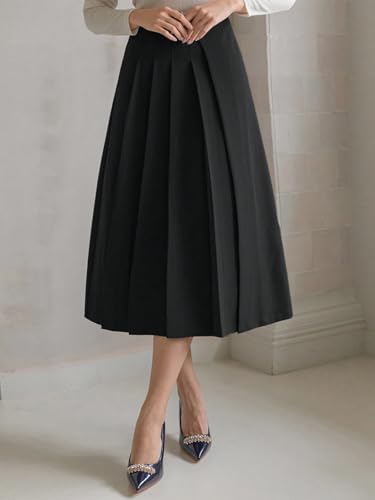 Image of GRECIILOOKS Elegant High Waisted Pleated Midi Skirt for Women, A Line Polyblend Fabric Flared Skirt with Back Zipper, Ideal for Office, Casual and Formal